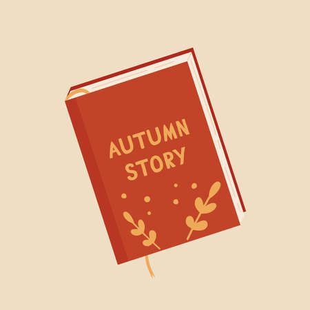 Book autumn story icon. Cozy autumn book with red cover. Vector illustration in cartoon style. Isolated on white background.のイラスト素材