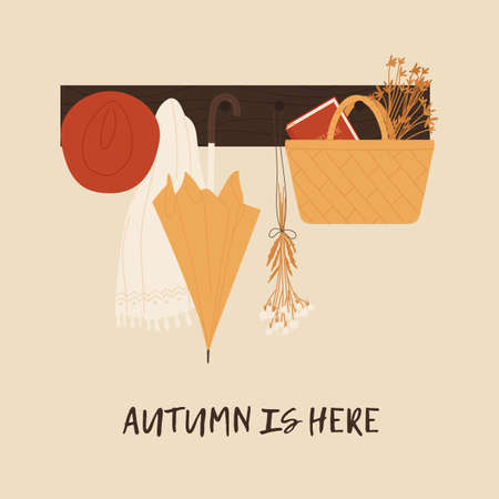Shelf with autumn elements: hat, scarf, umbrella, basket with a book and dried flowers. Cozy autumn vibes. Autumn trendy set. Vector illustration in cartoon style. Isolated on white background.のイラスト素材
