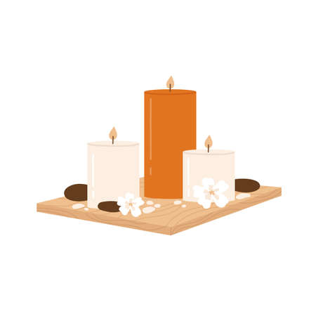 Spa composition with candles, hot stones and flowers. Spa treatment concept. Vector illustration in cartoon style. Isolated on white background.のイラスト素材