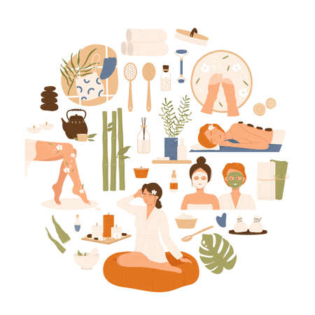 Beauty spa icon set. Spa visitors and medical natural therapy concept. Vector illustration in cartoon style. Isolated on white background.のイラスト素材