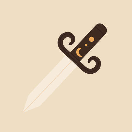 Dagger icon. Dagger knife, sword decorated with a golden moon. Vector illustration in cartoon style. Isolated on white background.のイラスト素材