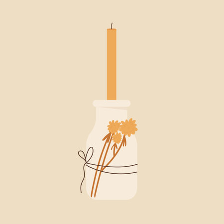 Candle in a glass jar with dried flowers. Cozy home decoration concept. Vector illustration in cartoon style. Isolated on white background.のイラスト素材