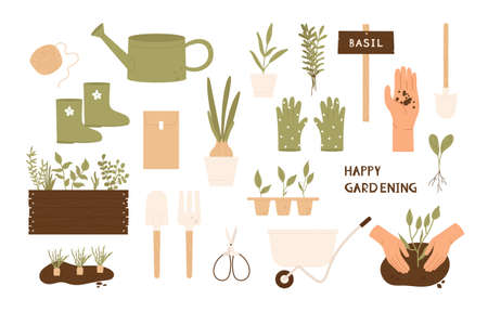 Garden icon set. Set of tools and equipment for gardening. Farm, gardening, agriculture hobby concept. Vector illustration in cartoon style. Isolated on white background.のイラスト素材