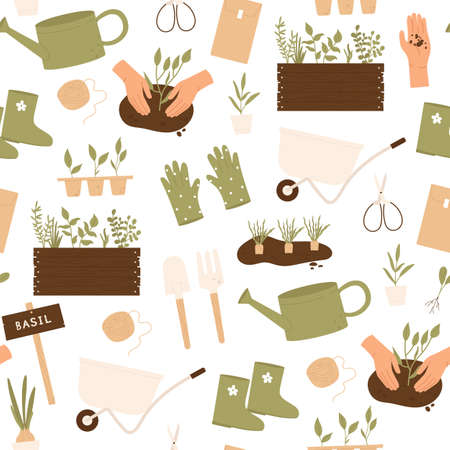 Garden seamless pattern. Pattern of tools and equipment for gardening. Farm, gardening, agriculture hobby concept. Vector illustration in cartoon style. Isolated on white background.のイラスト素材