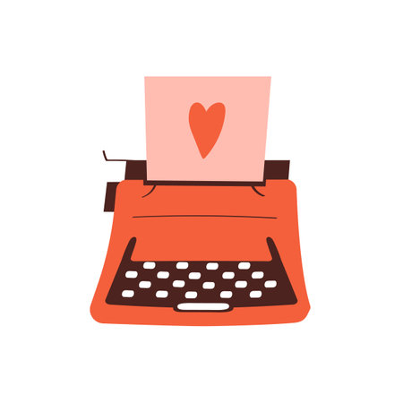 Red typewriter with love letter. Saint Valentine's Day mail. Romantic object. Love element. Vector illustration in cartoon style. Isolated on white background.のイラスト素材