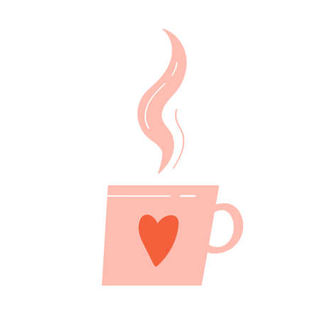 Pink coffee or tea cup with heart. Saint Valentine's Day. Hot drink element. Vector illustration in cartoon style. Isolated on white background.のイラスト素材