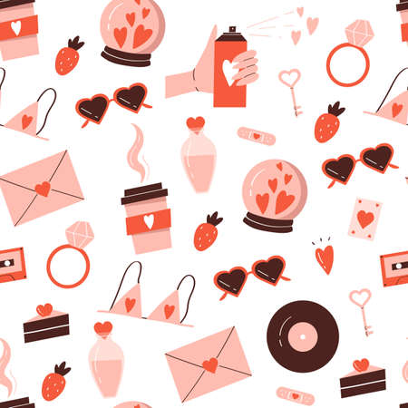 Saint Valentine's Day seamless pattern. Love elements. Romantic hearts and other trendy objects. Vector illustration in cartoon style. Isolated on white background.のイラスト素材