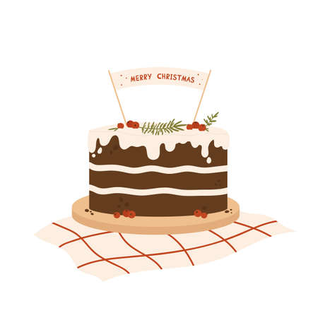 Christmas cake decorated with holly berries, icing on a napkin. Winter sweet celebration cake homemade. Vector illustration in cartoon style. Isolated on white background.のイラスト素材