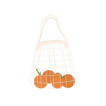 Eco bag, mesh string bag with oranges. Zero Waste Concept. Alternative to a plastic bag. Vector illustration in cartoon style. Isolated on white background.のイラスト素材