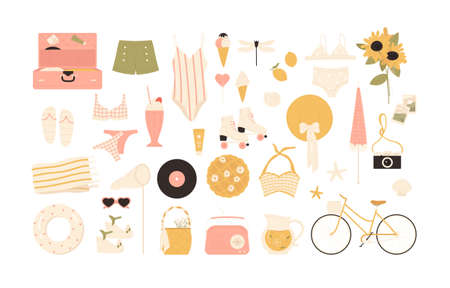 vintage summertime. Summer stuff set. Clothing, accessories aesthetics. Vacation, travel, beach...