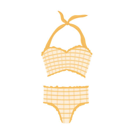 Women vintage swimsuit: bikini top and bottom. Stylish women's beige yellow check swimwear. retro beachwear. Vector illustration in cartoon style. isolated on white backgroundのイラスト素材