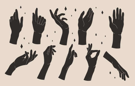 Abstract black silhouette woman hands gestures set. Graphic bohemian modern minimalist elements....