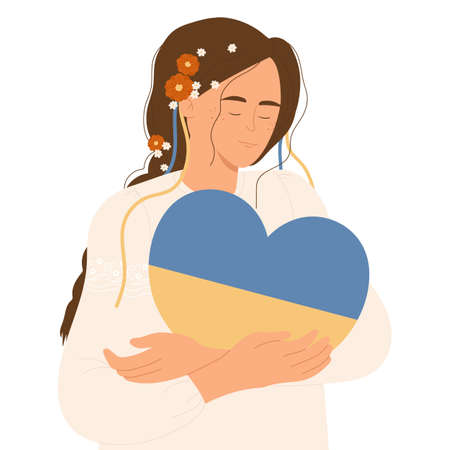 Girl holding and hugging a heart with the colors of the flag of Ukraine. Pray for Ukraine. Support for Ukraine. no war. Support against fighting.のイラスト素材
