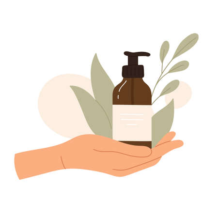 Woman's hand holding natural organic cosmetic with leaves. Eco beauty product in bottles in eco friendly packaging. Skin care routine. Vector illustration in cartoon style. Isolated white background.のイラスト素材