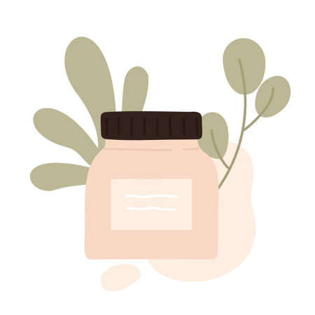 Natural organic cosmetic with leaves. Eco beauty product, cream, gel in bottles in eco friendly packaging. Skin care routine concept. Vector illustration in cartoon style. isolated on white backgroundのイラスト素材