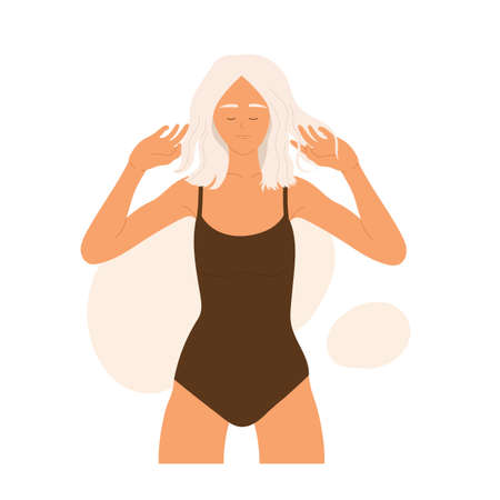 A young woman in a white swimsuit is standing and sunbathing. Resting girl on the beach. summer vacation aesthetic. Vector illustration in cartoon style. Isolated white background.のイラスト素材