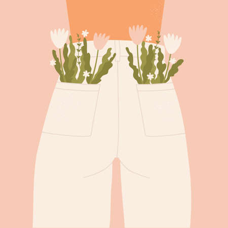 Girl with a naked back in white jeans with flowers in her pockets. back view. Summer bouquet aesthetic. Modern floral vector illustration in cartoon style. Isolated pink background.のイラスト素材