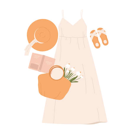 Stylish women's outfit. Romantic dress, sandals, bag, hat and accessories. Fashion summer look aesthetic. Casual wear, retro style. Vector illustration in cartoon style. Isolated white background.のイラスト素材