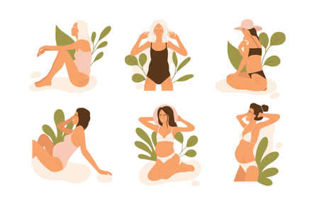 Set of pregnant women with stretch marks. skin treatment. Pregnancy, body positivity, self love aesthetic collection. Isolated vector illustration in cartoon styleのイラスト素材