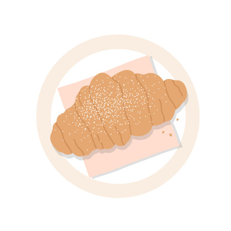 Freshly baked croissant sprinkled with powdered sugar on a plate with a napkin. French breakfast or lunch aesthetic. Isolated white background.のイラスト素材