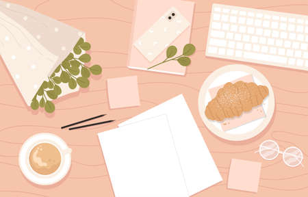 Top view of pink office desk. Stylish and modern workplace with coffee cup, keyboard, bouquet, phone, croissant. Working from home, cafe. Flat cartoon vector illustration.のイラスト素材