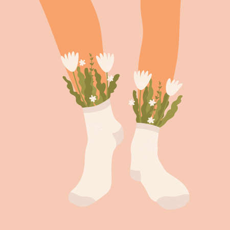 Flowers and leaves in socks on a pair of female legs. Summer bouquet aesthetic. Blossoms and high socks. Modern floral vector illustration in cartoon style. Isolated pink background.のイラスト素材