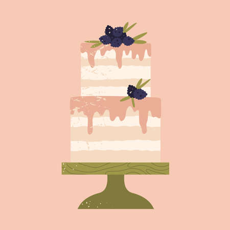 Boho wedding or birthday cake with blackberry. Naked wedding cake. Delicious dessert aesthetic. sweet holiday food. Vector illustration in cartoon style. Isolated pink backgroundのイラスト素材