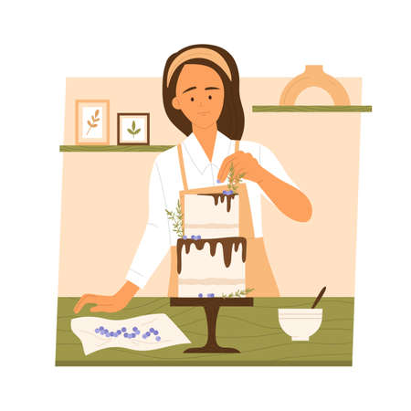 Girl in the kitchen decorating the cake with a fresh berry. Sweet, modern cake aesthetic. Woman cooking organic dessert. sweet holiday food. vector illustration in cartoon styleのイラスト素材