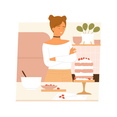 Girl in the kitchen decorating the cake with fresh strawberries. Sweet, modern cake aesthetic. Woman...