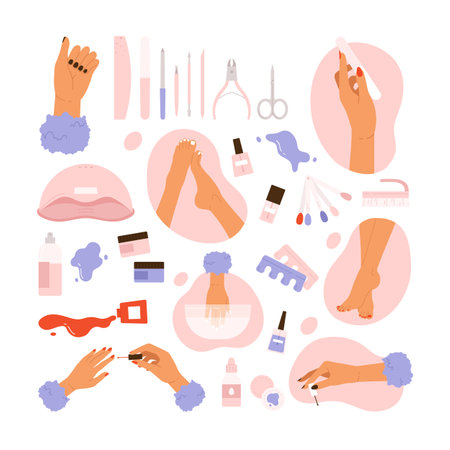 Manicure tools set. Women's hand and accessories collection. Products for nail care in the salon or at home. beauty treatment aesthetic. cartoon vector. isolated illustrationのイラスト素材