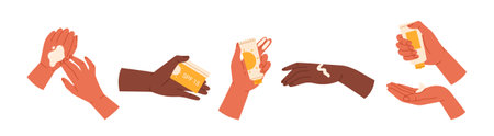 Hands use spf cream set. Sunscreen, sunblock product collection. Skin care and sun protection concept. Isolated vector illustration in cartoon styleのイラスト素材