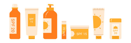 Set of different sunscreen cosmetic: lotion, cream, spray. lipstick. Sunblock product collection. Skin care, hydration and sun protection concept. Isolated vector illustration in cのイラスト素材
