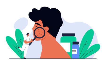 Acne concept. Dermatologist doctor holding magnifying glass and examining acne on man face. Skin problem, dermatology treatment and skincare. Isolated vector illustration in cartooのイラスト素材