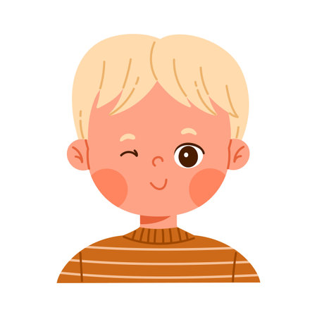 Cute happy blond boy character winking. Facial expression concept. Friendly child avatar with positive emotion. Isolated vector illustration in cartoon styleのイラスト素材