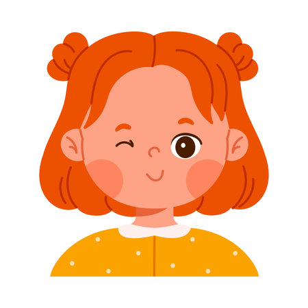 Little redhead girl winking. Facial expression concept. Friendly child avatar with positive emotion. Kid apps and emotion education concept. Isolated vector illustrationのイラスト素材