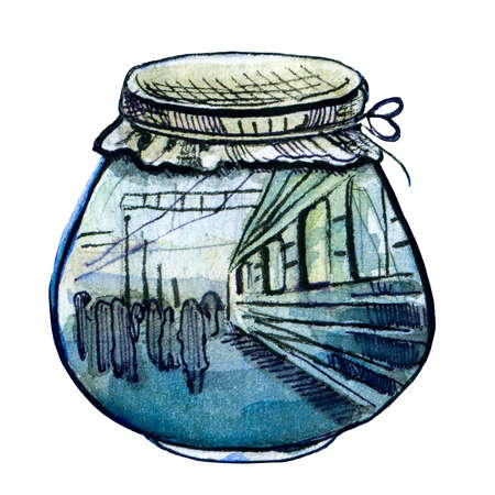 Watercolor abstract illustration. Railway station in glass bottle. Fantasy objectsの写真素材