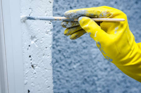 Hand in glove with a paint brush painting on wall