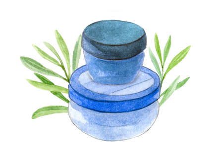 Natural cream in a jar. Skin care concept.  Watercolor illustrationの写真素材