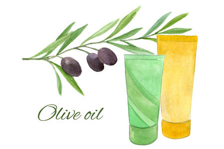 Cosmetics with oil. Cream tube set. Watercolor illustrationの写真素材