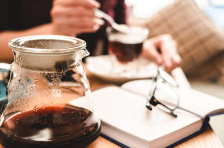 Cafe relaxation concept. Still life: glasses, note and coffee. Business lunch