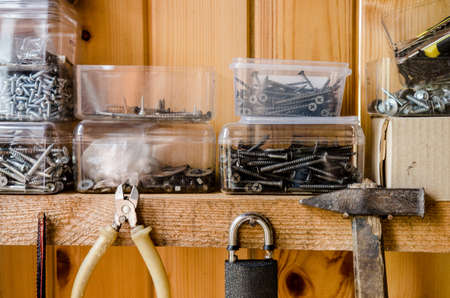 Organized tool storage. Plastic cases with different items. Workplace concept