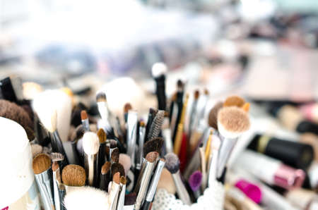 Set of makeup brushes and decorative cosmetics. Soft focusの写真素材