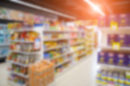 Abstract blurred supermarket aisle. Wide perspective view of empty supermarket. Business concept