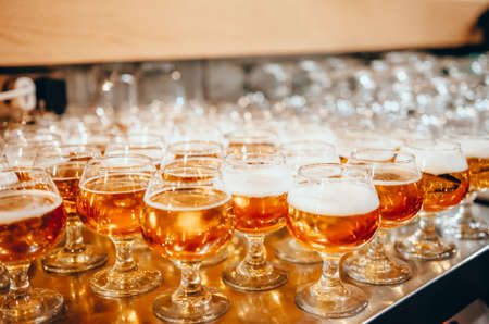 Glasses of light beer on bar counter. Degustation set at the festivalの写真素材