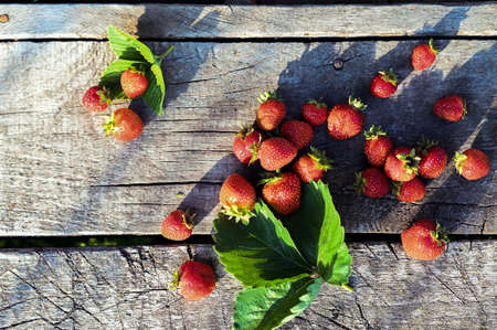 Fresh strawberries on rustic wooden background with copy space. Top viewの写真素材
