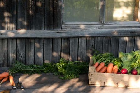Fresh organic vegetables in a wooden box. Concept for organic raw food