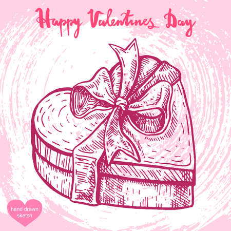 Vector hand drawn illustration of gift box with bow,text Happy Valentines Day on background with abstract paper texture,retro frame.Letters,valentines heart gift  sketch.Linear art in vintage style for design.のイラスト素材