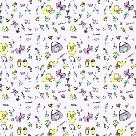Hand-drawn seamless pattern of summer recreation items