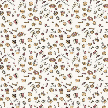 Hand-drawn doodle seamless pattern of sweets, fruits and cakesの写真素材