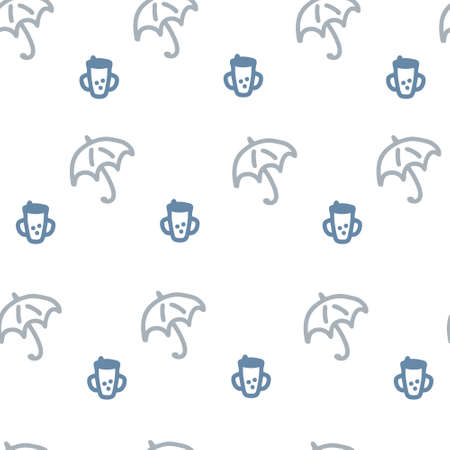 Cartoon style doodle seamless pattern umbrellas and baby mugs. Hand drawn vector illustration. Perfect for scrapbooking, textile and prints.のイラスト素材